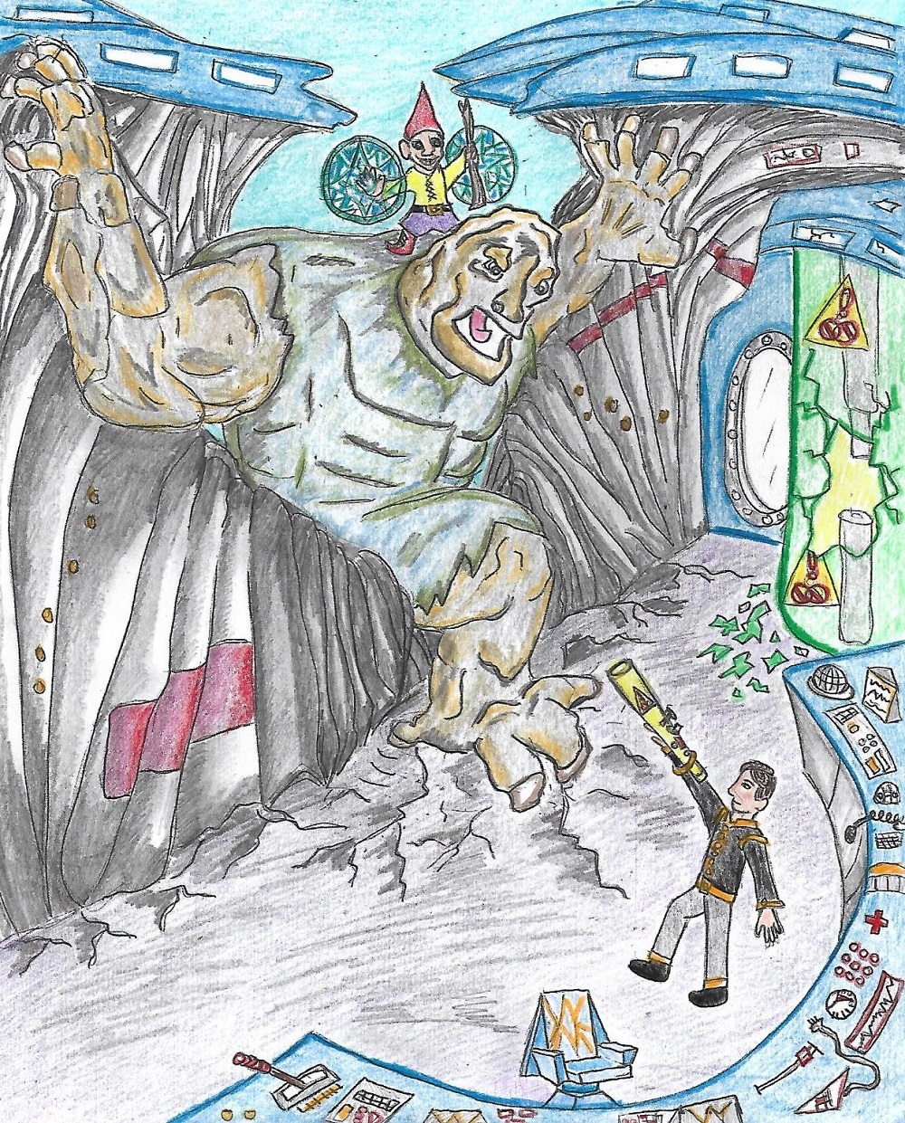 Illustration by Audrey Jolly A troll with a gnome wizard riding on its back rips open a spaceship and screams at a soldier pointing an arm-mounted gun at its face