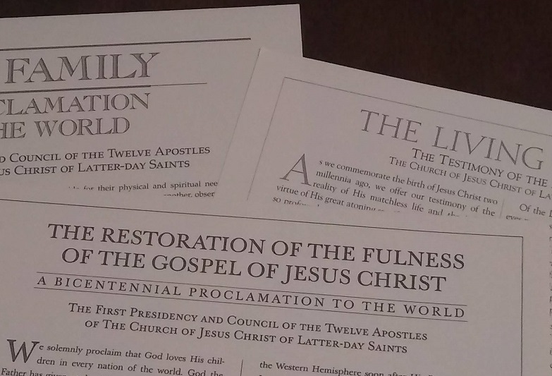 We believe in modern revelation through living prophets and apostles Photo of the Family Proclamation, the Restoration Proclamation, and the Living Christ documents