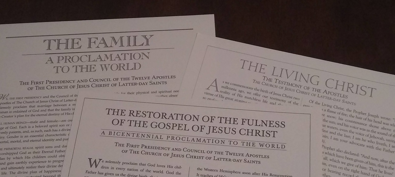 We believe in modern revelation through living prophets and apostles Photo of the Family Proclamation, the Restoration Proclamation, and the Living Christ documents