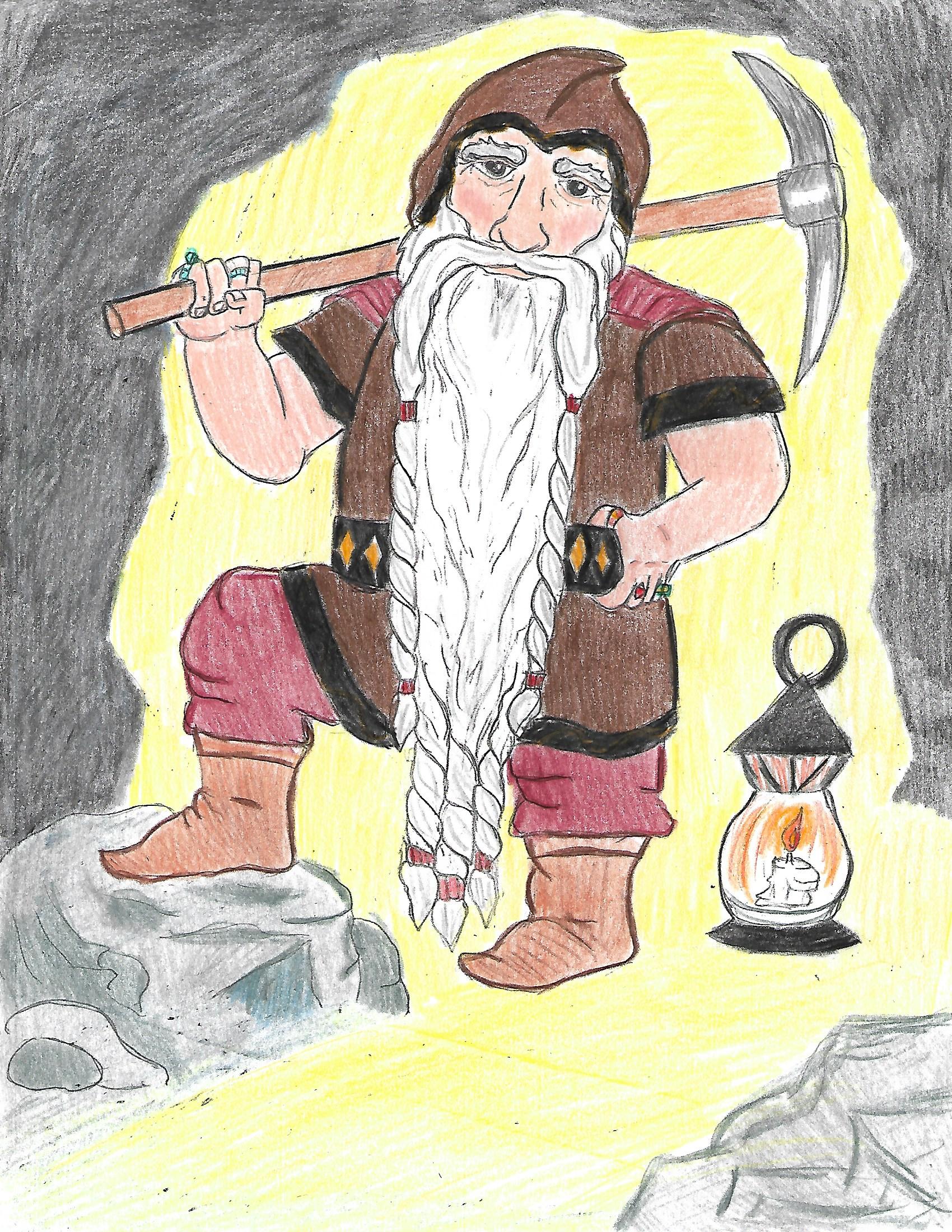 Illustration by Audrey Jolly Longbeard with a Pickaxe Over His Shoulder