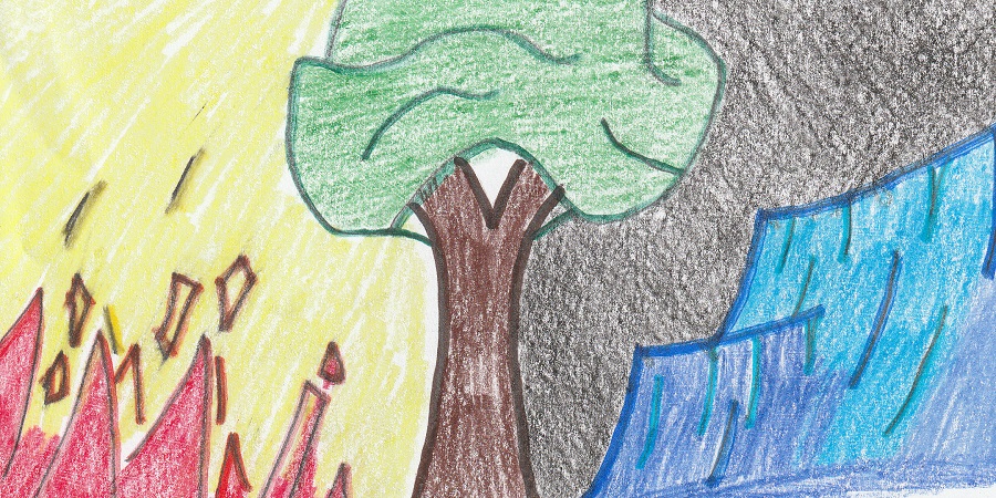 Illustration by Tyler Madsen An illustration of raging fire on one side and unyielding ice on the other, with a tree dividing the two